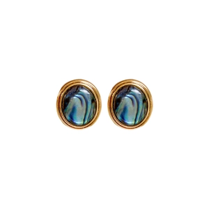 18K gold plated mother of pearl stud earrings with blue-green abalone shell inlays