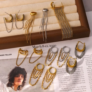 Modern Minimalist Stainless Steel Tassel Earrings Two-tone 18K Gold Plated Long Chain Ear Cuffs Waterproof Hypoallergenic Jewelry For Women
