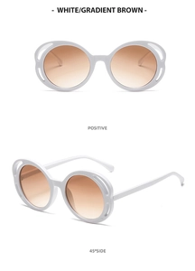 Front and 45-degree side views of white oval cutout sunglasses with gradient brown lenses