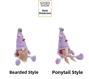 Detail view of purple Christmas gnomes with long beards, braids, and festive gift boxes