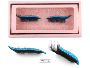 Detail view of YY-14 false eyelashes with integrated blue glitter eyeliner and pink packaging