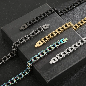11mm men's motorcycle chain bracelets in black, gold, grey and rainbow steel finish