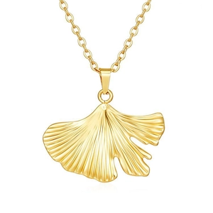 Detailed close-up of 18K gold plated stainless steel ginkgo leaf pendant necklace
