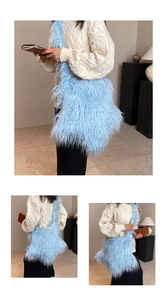 Detail view of stylish sky blue plush faux fur shoulder bag with soft fluffy texture