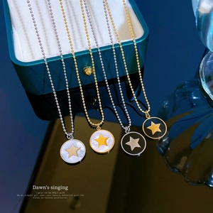Collier Pendentif En Acier Titane Femmes Disque Rond Nacre Étoile Chaîne À Boules Minimaliste Style Ins Bijoux