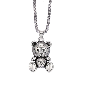 Titanium steel teddy bear necklace with TOY engraving and box chain for streetwear style