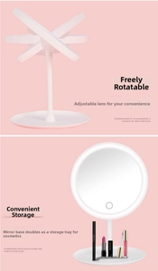 Detail of white LED makeup mirror with multi-angle rotation and storage base for cosmetics