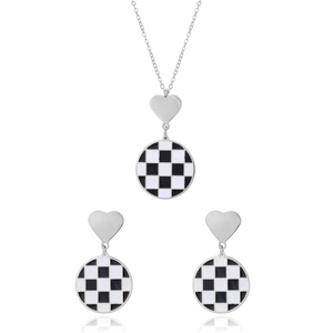 Checkerboard jewelry set with heart necklace and matching earrings in silver finish