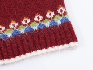 Detail of burgundy mohair cardigan showing retro floral jacquard and ribbed knit texture