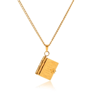 Detailed close-up of golden book-shaped locket necklace with poetic engraving on white background