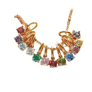 Golden stainless steel necklace featuring twelve vibrant colorful birthstone pendants
