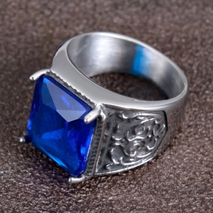 Vintage stainless steel men's ring with square blue sapphire and engraved patterns