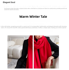 Detail of red imitation cashmere scarf with tassels and soft fabric texture on model