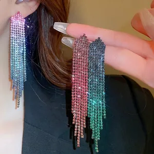 Elegant rhinestone tassel earrings with colorful gradient waterdrop design and silver needle