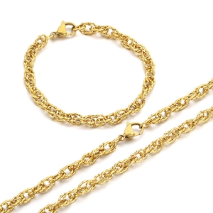 Golden stainless steel twisted rope chain necklace and bracelet set for men and women