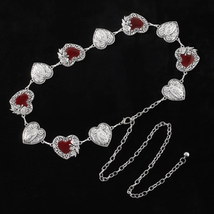 Detail view of silver heart waist chain with red enamel inlay and adjustable lobster clasp