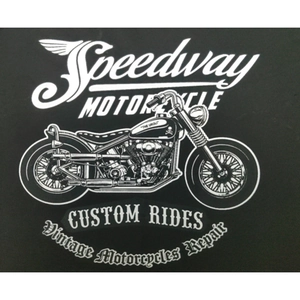 Detail of vintage motorcycle graphic print with Speedway text on cropped T-shirt