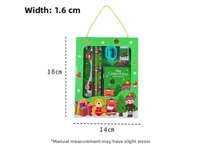 Detailed view of Christmas stationery gift set dimensions with festive cartoon packaging