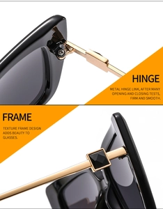 Detail of durable metal hinges and black crystal studs on butterfly cat-eye sunglasses