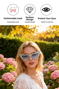 Detail of heart-shaped sunglasses with sparkling rhinestones and blue gradient lenses