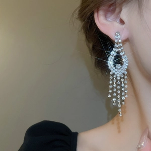 Detail of silver tassel earrings with sparkling rhinestones worn by a model