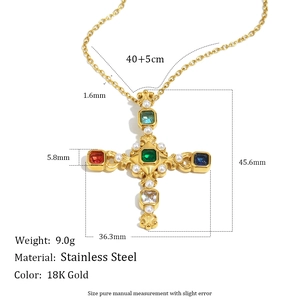 18K gold plated stainless steel cross necklace with colorful gems and pearls details