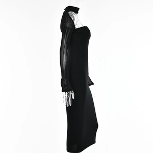 Side view of black bodycon midi dress with sheer mesh long sleeves on a mannequin