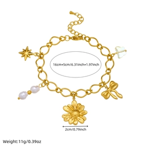 Bracelet minimaliste en acier inoxydable doré avec pendentifs fleur perle et nœud