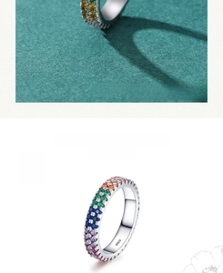Macro detail of S925 sterling silver ring featuring colorful rainbow pave-set crystals