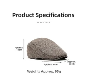 Detailed size parameters for the grey tweed newsboy cap showing height and brim measurements