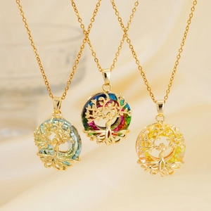 Tree Of Life Pendant Necklace Copper With Colorful Gradient Crystal Hollow Round Jewelry For Women Trendy Fashion Boho