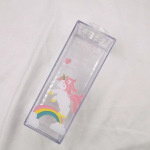 Square milk box water bottle with pink unicorn and rainbow patterns on white fabric