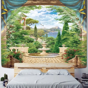 Detail of garden landscape tapestry featuring classic fountains and floral scenery