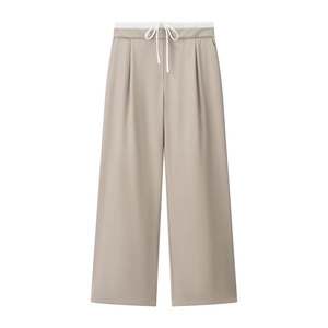 Damenhose mit hoher Taille und weitem Bein in Khaki mit weißem Kordelzug und Faltenlegung