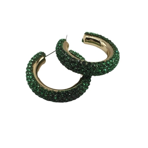 Chic gold-plated C-shaped hoop earrings embellished with vibrant green rhinestones