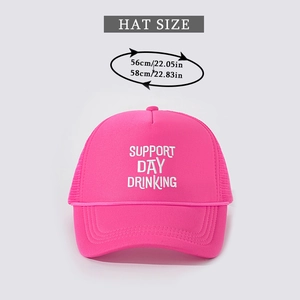 Detail of adjustable pink trucker hat with SUPPORT DAY DRINKING white embroidery