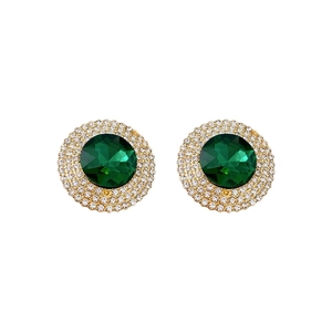 Luxury round emerald green crystal earrings with diamond halo in gold finish
