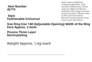 Detailed size specs for geometric ring AJ774 with 2.4mm width and adjustable opening