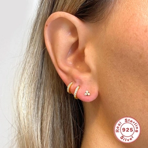 Three-piece gold S925 sterling silver set with clover stud and small hoop earrings
