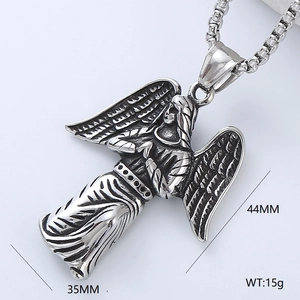 Detailed view of prayer angel pendant with 44mm height, 35mm width, and 15g weight markers
