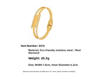 Detail view of gold stainless steel bangle with multi-row pavé set crystals and measurements