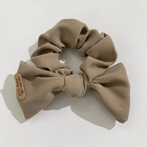Khaki handmade fabric bow hair scrunchie with bear leather tag for ponytail styling