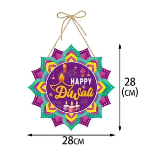 28cm Happy Diwali hanging door sign with purple mandala pattern and festive candle graphics