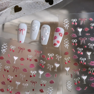 5D embossed nail stickers featuring romantic 3D lips, bows, and wine glass DIY designs