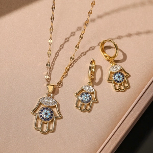 Hamsa Hand Evil Eye Jewelry Set 18K Gold Plated Copper Zircon Necklace And Hoop Earrings Women Fashion Luxury