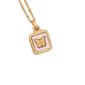 Gold stainless steel necklace with a butterfly relief on a textured square pendant