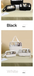 Detailed comparison of transparent PVC toiletry bags in black and white tiered sets