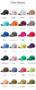 Grid display showing 28 various colors of cotton baseball caps in a clean matrix layout