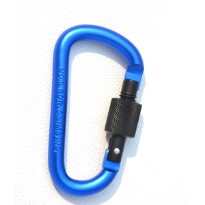 Blue 8cm D-ring aluminum alloy locking carabiner with black screw gate for backpack use