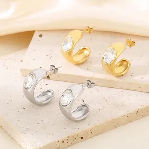 Vintage C-Shape Stud Earrings Stainless Steel With Rhinestone Inlay Retro Geometric Simple Polished Jewelry For Women